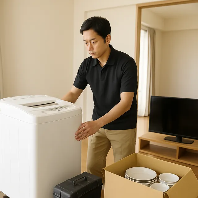 渋谷区で縦型洗濯機・液晶テレビ・食器セットを確認する出張買取＋遺品整理の事例イメージ
