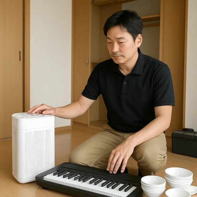 渋谷区で空気清浄機・電子ピアノ・食器セットを確認する出張買取＋引越しの事例イメージ