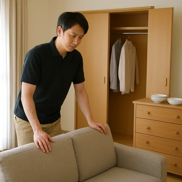 志木市で3人掛けソファ・洋服タンス・食器セットを確認する出張買取＋遺品整理の事例イメージ