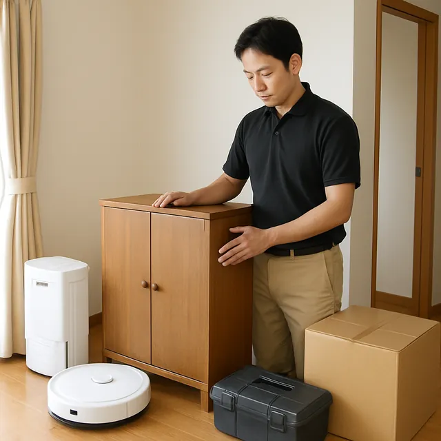 志木市でキャビネット・ロボット掃除機・除湿機を確認する出張買取＋遺品整理の事例イメージ