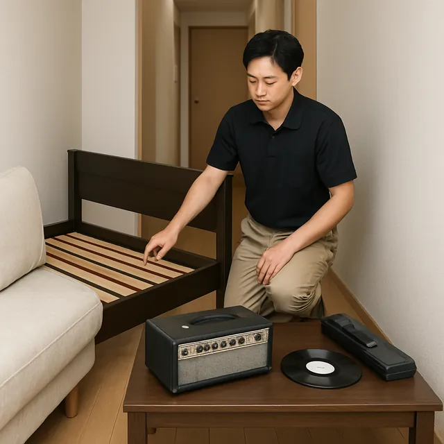品川区でベッドフレーム・アンプ・レコードを確認する出張買取＋家片付けの事例イメージ