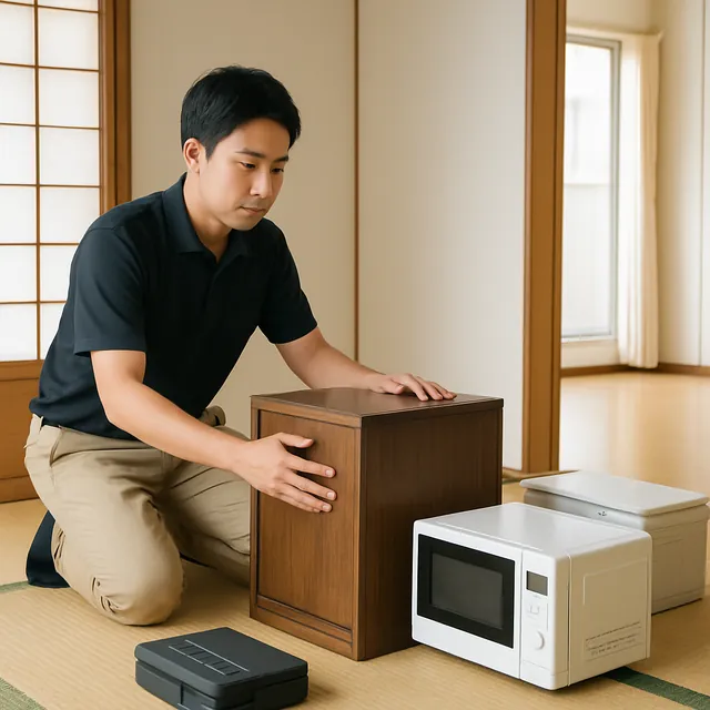 品川区でキャビネット・オーブンレンジ・プリンターを確認する出張買取＋家片付けの事例イメージ