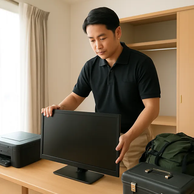 新宿区で液晶テレビ・プリンター・アウトドア用品を確認する出張買取＋家片付けの事例イメージ