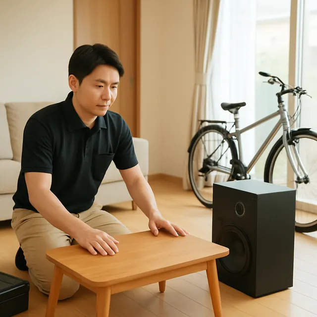 新宿区でローテーブル・スピーカー・自転車を確認する出張買取＋遺品整理の事例イメージ