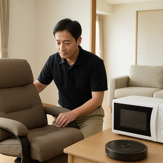 新宿区でリクライニングチェア・電子レンジ・ロボット掃除機を確認する出張買取＋不用品回収の事例イメージ