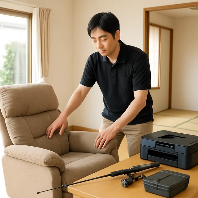 草加市でリクライニングチェア・プリンター・釣具を確認する出張買取＋遺品整理の事例イメージ