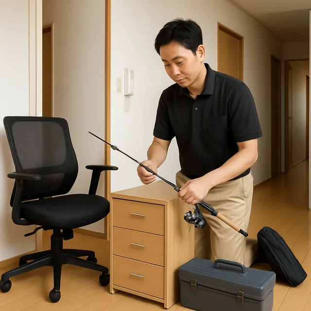 草加市でオフィスチェア・キャビネット・釣具を確認する出張買取＋不用品回収の事例イメージ