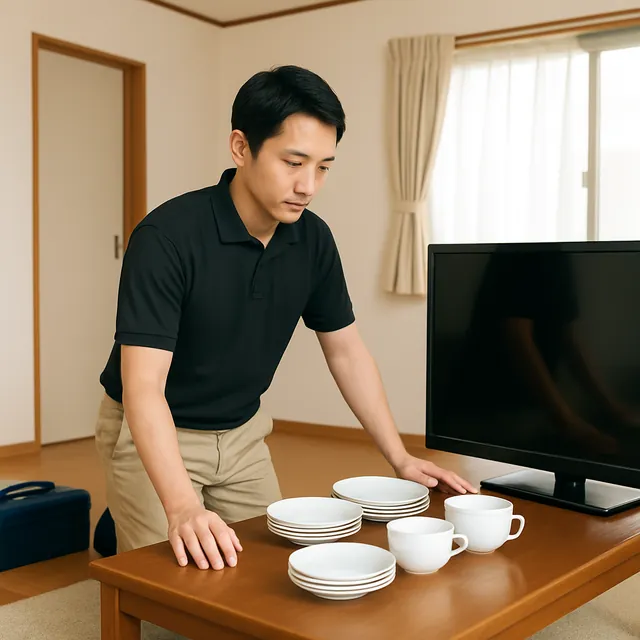 杉並区でローテーブル・液晶テレビ・食器セットを確認する出張買取＋不用品回収の事例イメージ