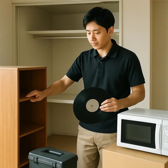 墨田区で本棚・電子レンジ・レコードを確認する出張買取＋家片付けの事例イメージ