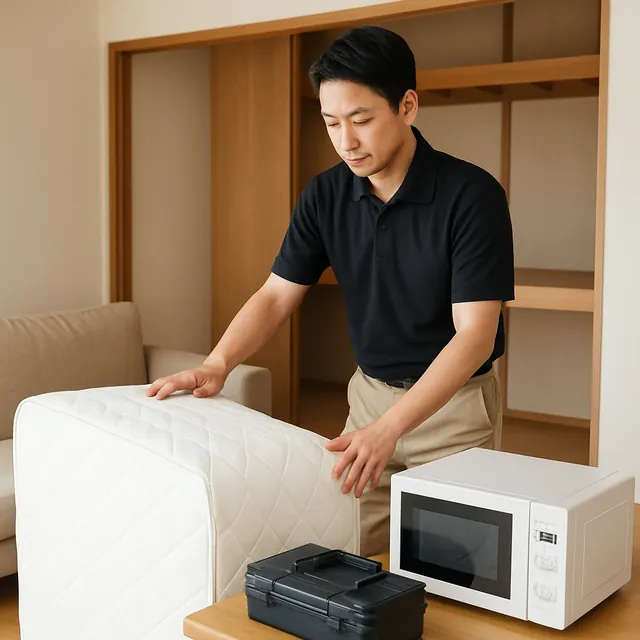 台東区でマットレス・電子レンジ・電動工具を確認する出張買取＋引越しの事例イメージ