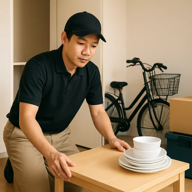 所沢市でローテーブル・食器セット・自転車を確認する出張買取＋家片付けの事例イメージ