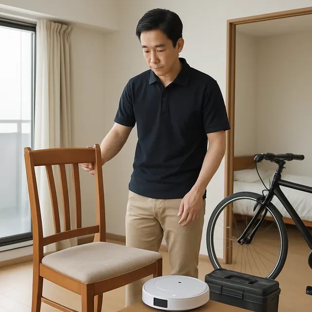 所沢市でダイニングチェア・ロボット掃除機・自転車を確認する出張買取＋遺品整理の事例イメージ