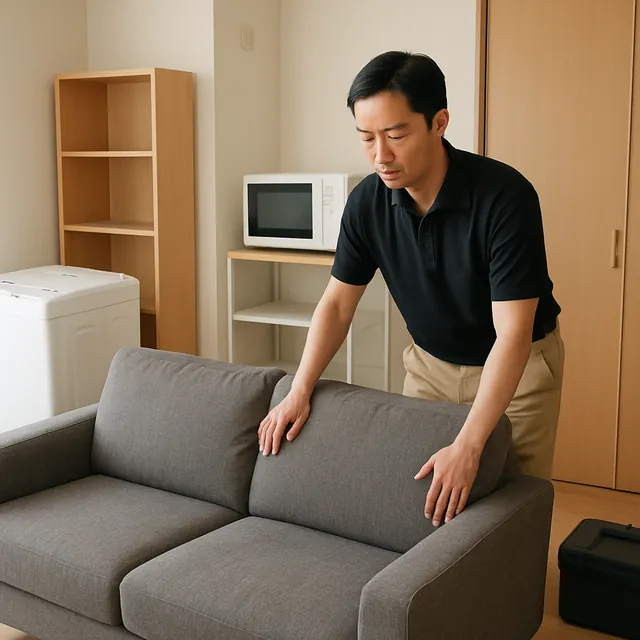 所沢市で3人掛けソファ・本棚・レンジ台を確認する出張買取＋不用品回収の事例イメージ