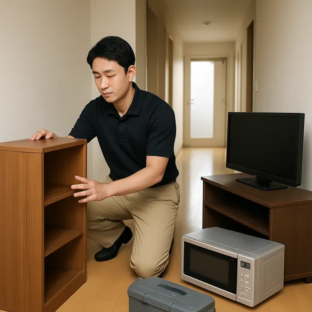 豊島区で本棚・テレビボード・オーブンレンジを確認する出張買取＋引越しの事例イメージ