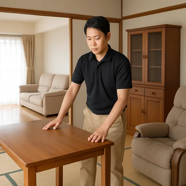 和光市でダイニングテーブル・食器棚・リクライニングチェアを確認する出張買取＋家片付けの事例イメージ