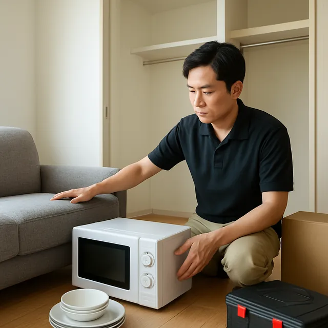 蕨市でカウチソファ・電子レンジ・食器セットを確認する出張買取＋不用品回収の事例イメージ