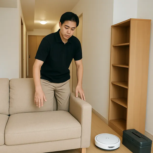 八千代市で3人掛けソファ・本棚・ロボット掃除機を確認する出張買取＋家片付けの事例イメージ