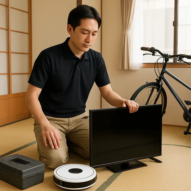 八千代市で有機ELテレビ・ロボット掃除機・自転車を確認する出張買取＋引越しの事例イメージ