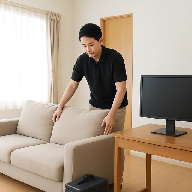 八千代市で3人掛けソファ・デスク・モニターを確認する出張買取＋不用品回収の事例イメージ
