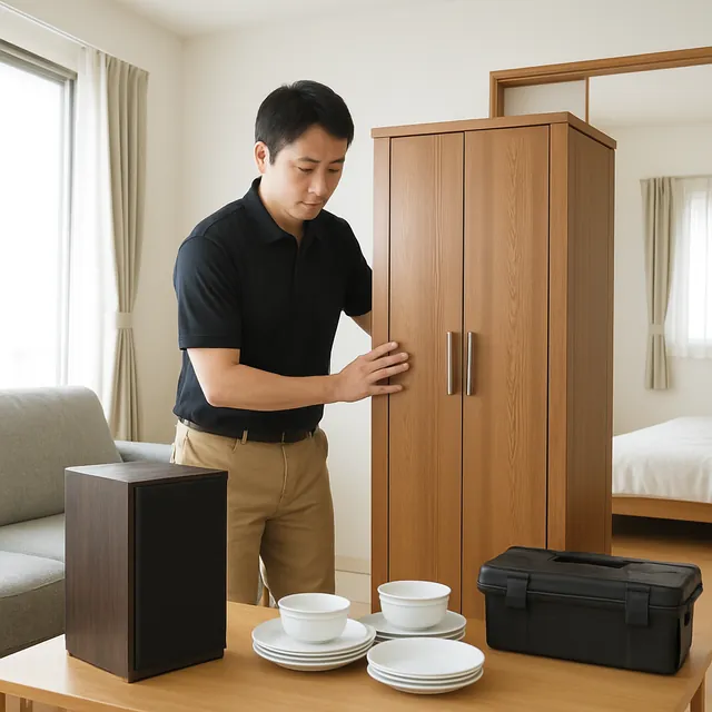 大和市で洋服タンス・スピーカー・食器セットを確認する出張買取の事例イメージ