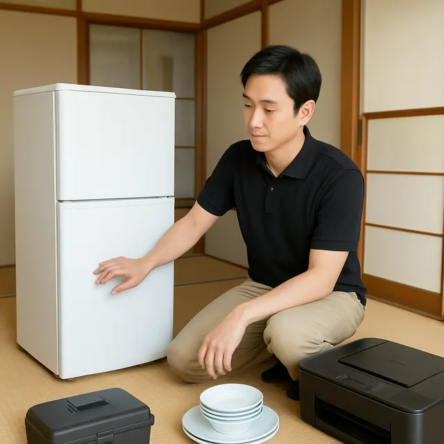 大和市で冷蔵庫・プリンター・食器セットを確認する出張買取＋遺品整理の事例イメージ