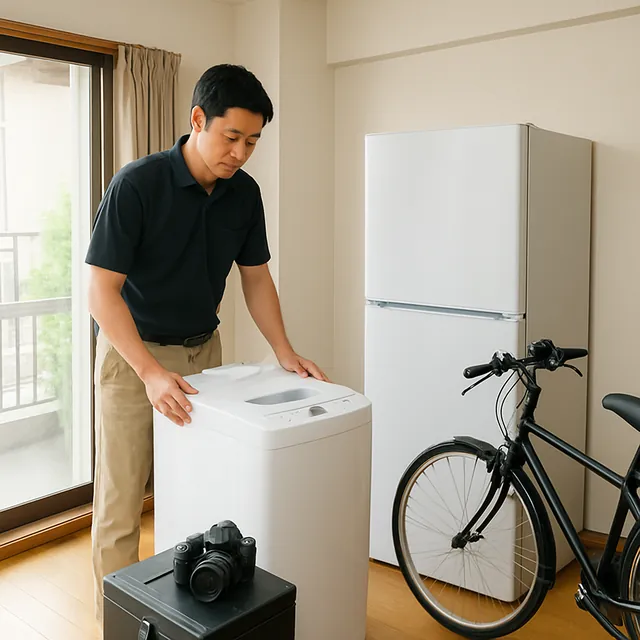 大和市で縦型洗濯機・カメラ・自転車を確認する出張買取＋遺品整理の事例イメージ