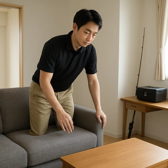 八潮市でカウチソファ・デスク・釣具を確認する出張買取＋不用品回収の事例イメージ