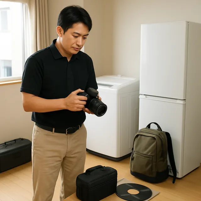 横浜市でカメラ・アウトドア用品・レコードを確認する出張買取＋家片付けの事例イメージ