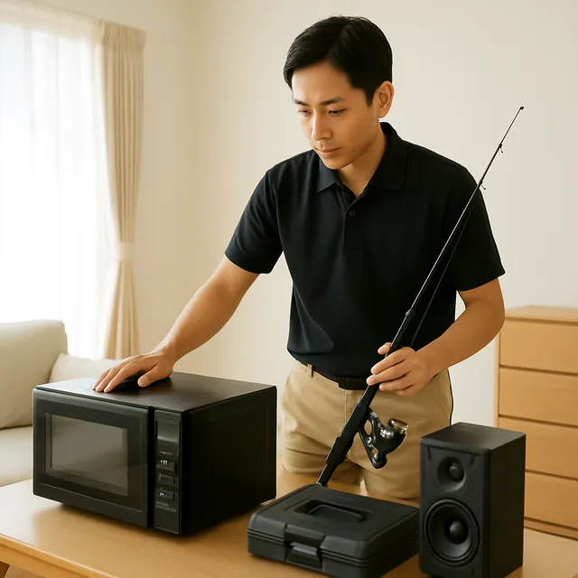 横浜市でオーブンレンジ・スピーカー・釣具を確認する出張買取＋引越しの事例イメージ