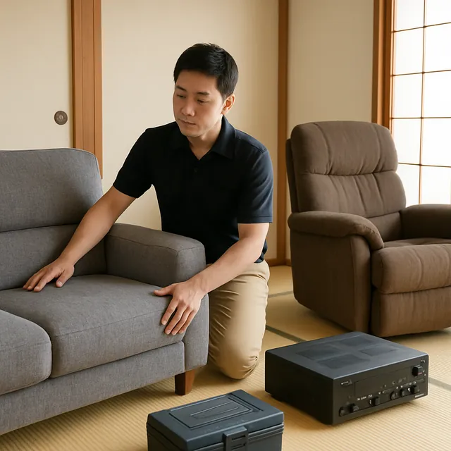 横須賀市で3人掛けソファ・リクライニングチェア・アンプを確認する出張買取＋遺品整理の事例イメージ