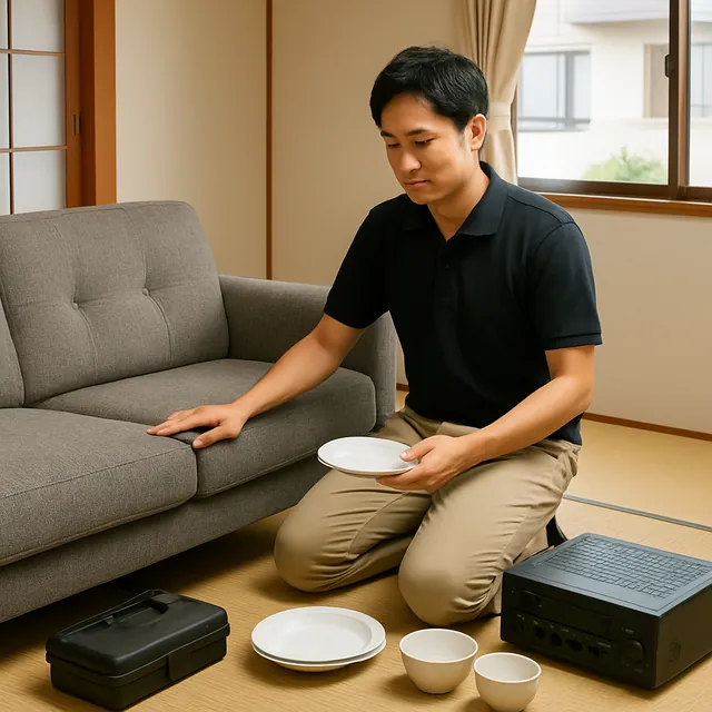 横須賀市で3人掛けソファ・アンプ・食器セットを確認する出張買取＋引越しの事例イメージ