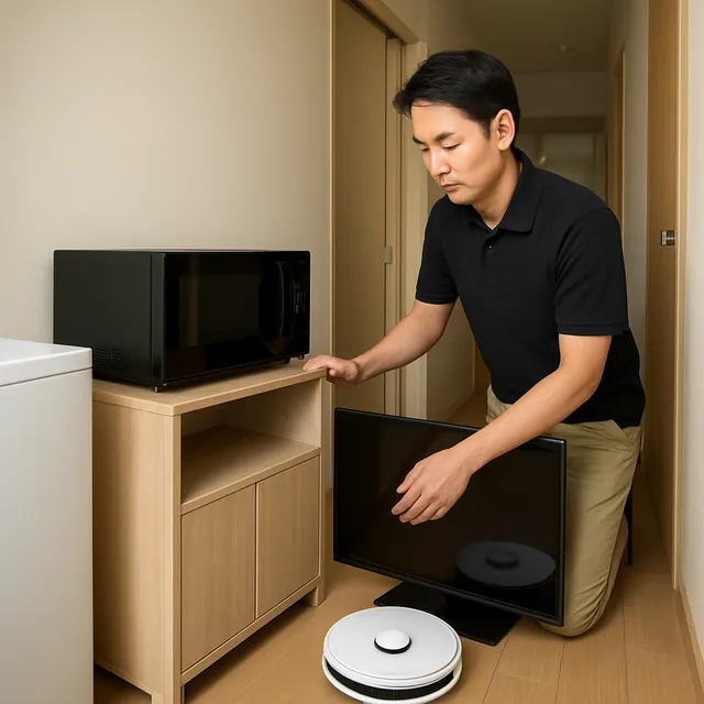 横須賀市でレンジ台・有機ELテレビ・ロボット掃除機を確認する出張買取＋引越しの事例イメージ