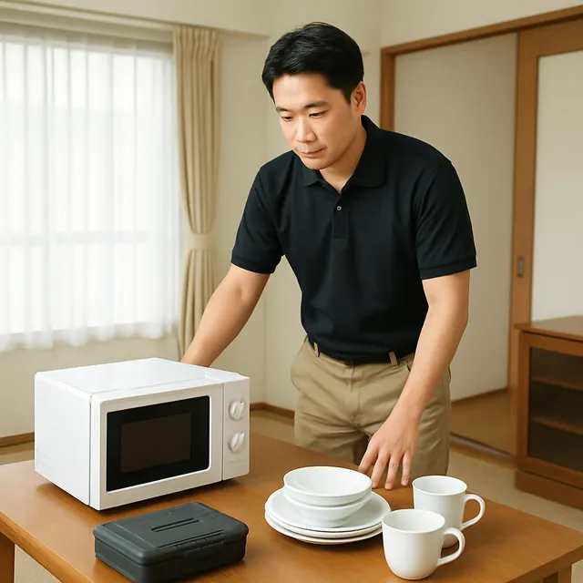 吉川市でダイニングテーブル・電子レンジ・食器セットを確認する出張買取の事例イメージ