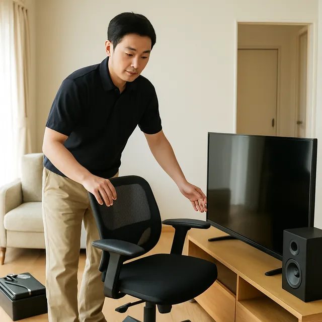 吉川市でオフィスチェア・有機ELテレビ・スピーカーを確認する出張買取＋遺品整理の事例イメージ