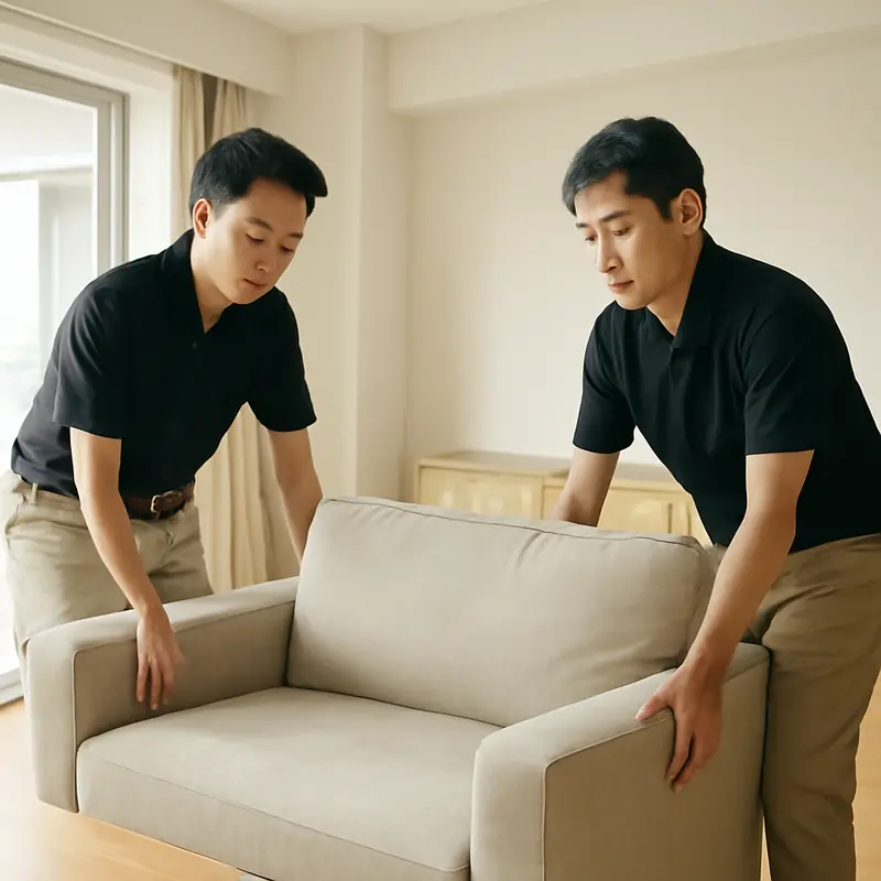 大型家具を2人のスタッフが搬出する様子