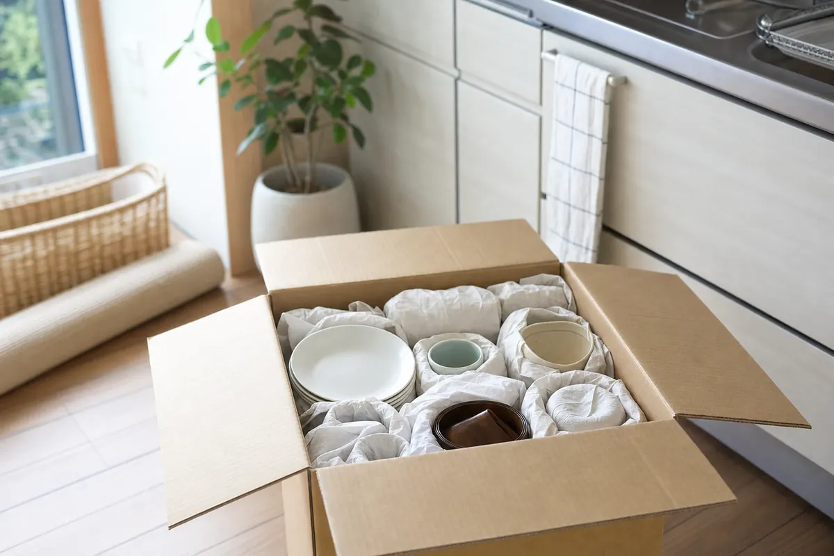 箱に詰めた食器(イメージ)