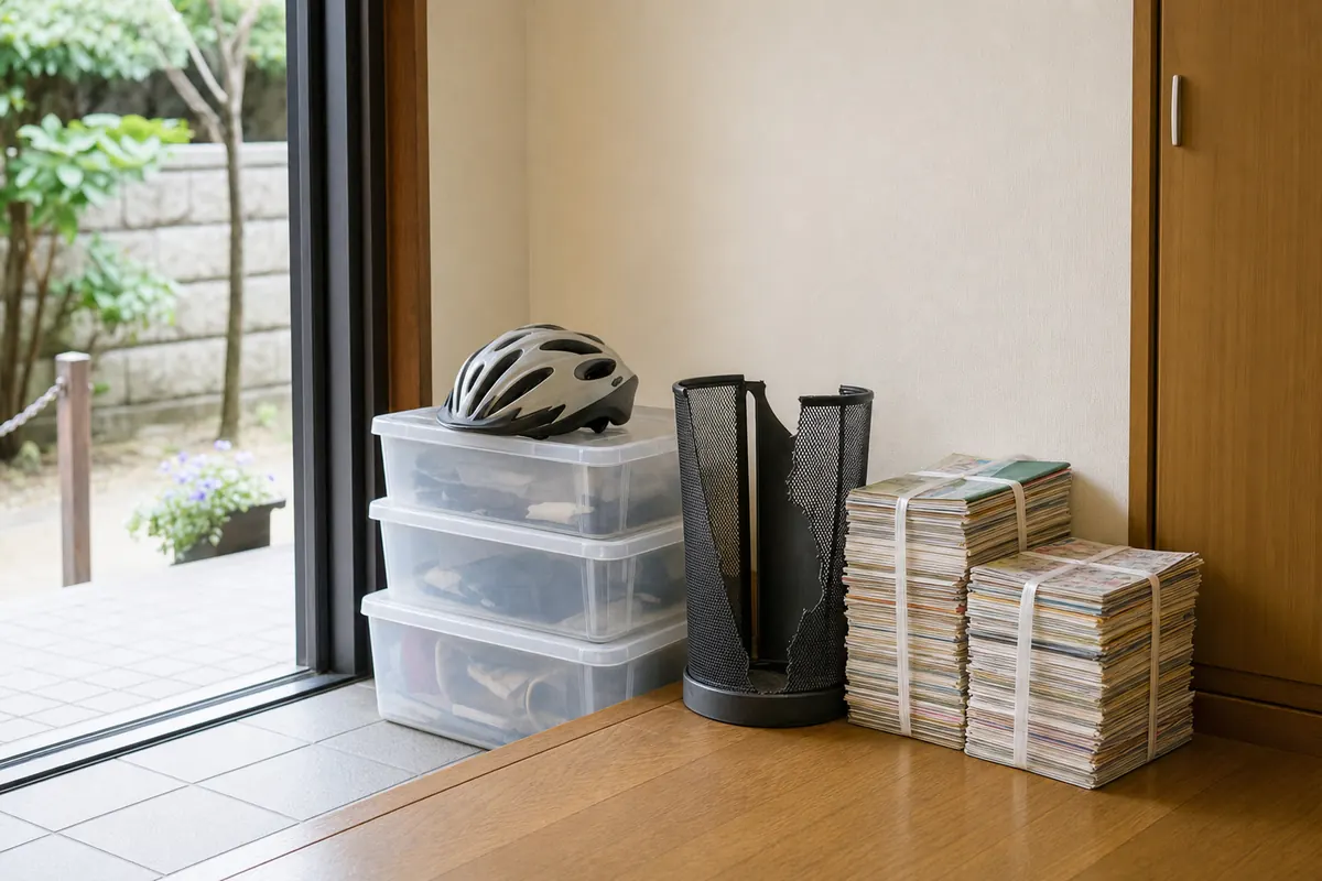 玄関にまとめた不用品（イメージ）