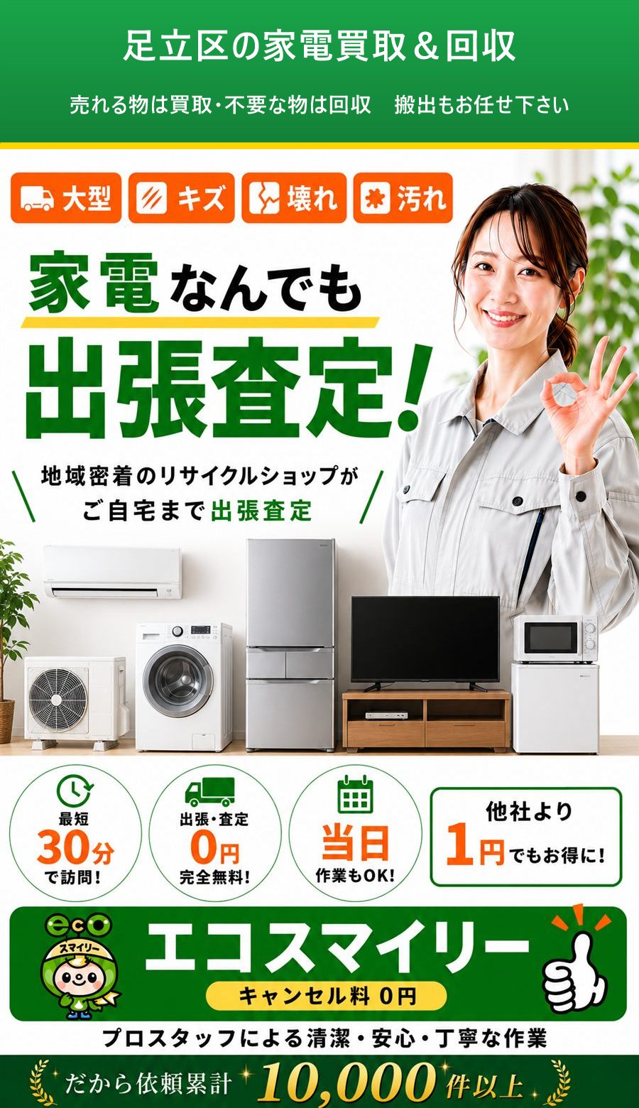 足立区の家電買取&回収。出張対応・最短即日・出張見積り無料。