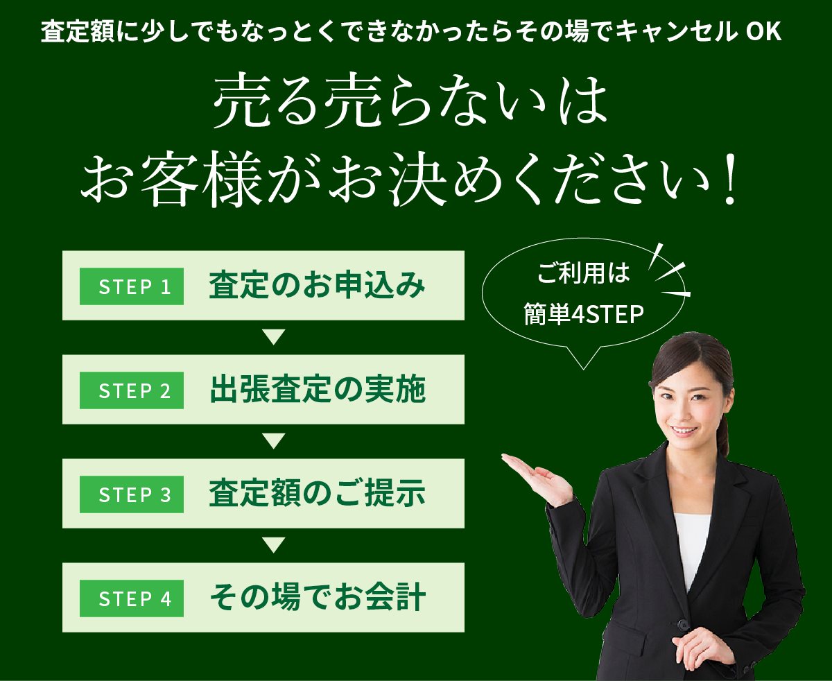 売る売らないはお客様がお決めください。査定額に少しでも納得できなかったらその場でキャンセルOK。ご利用は簡単4STEP:査定のお申込み、出張査定の実施、査定額のご提示、その場でお会計。