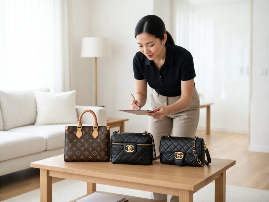 商品名を出張査定しているスタッフ