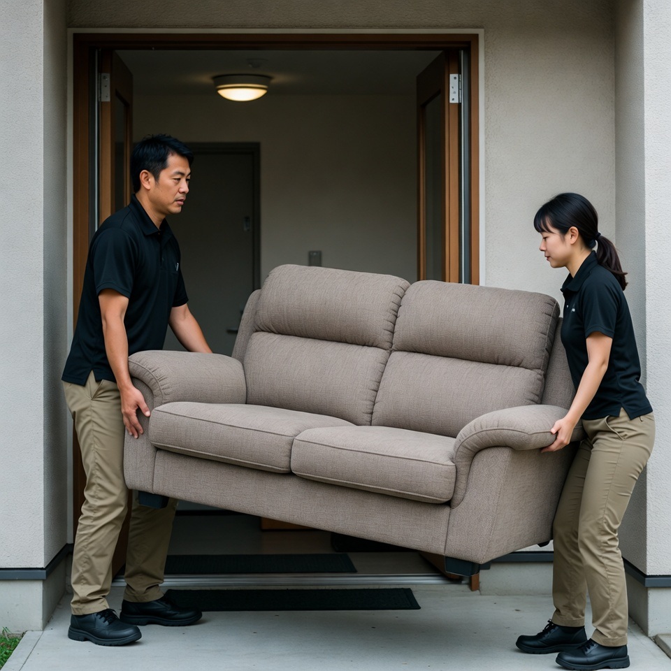 大型家具を搬出する不用品回収スタッフ
