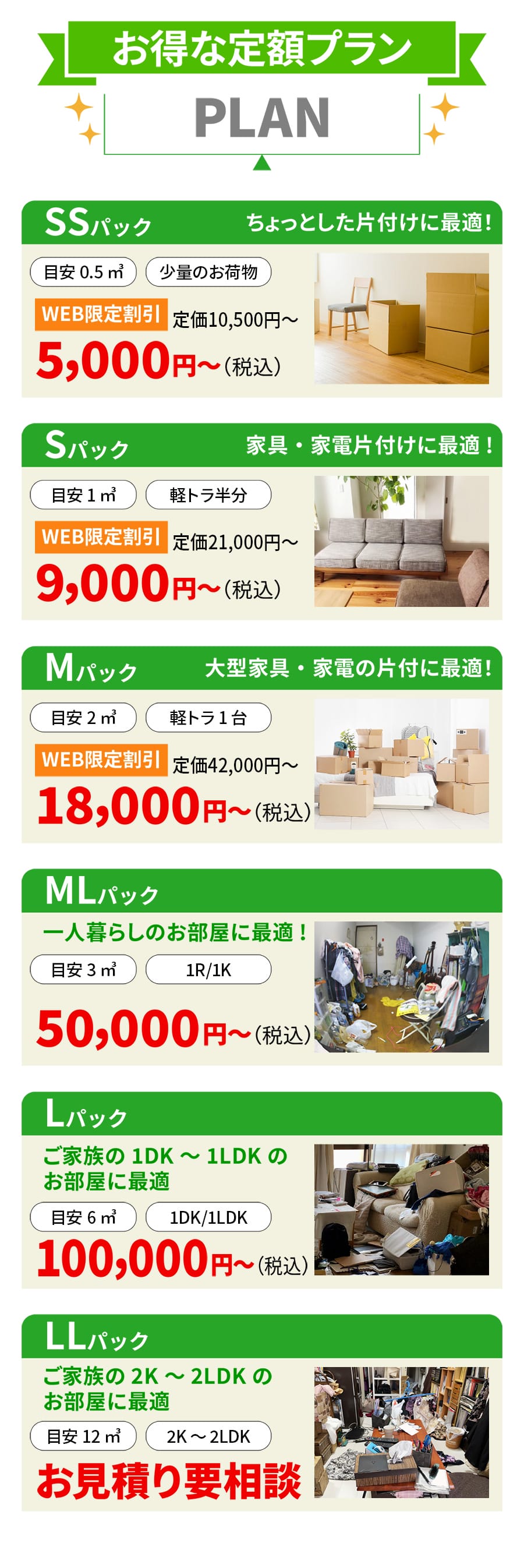 三鷹市の不用品回収料金プラン｜S・M・Lで選べる定額回収