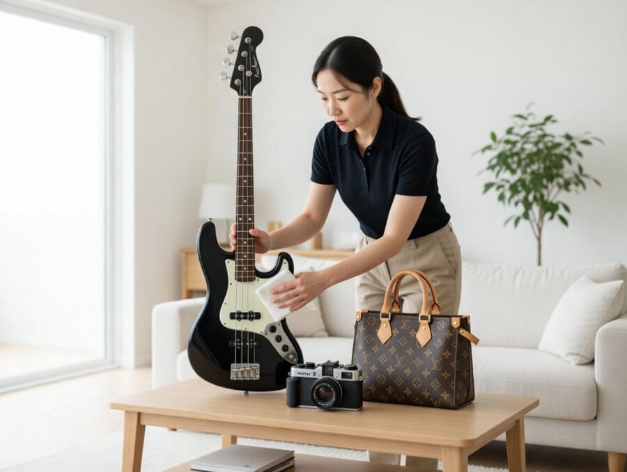 金ブレスレットを掃除して査定額アップを狙う様子