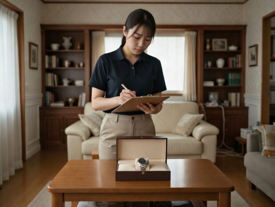 {商品名}を出張査定しているスタッフ