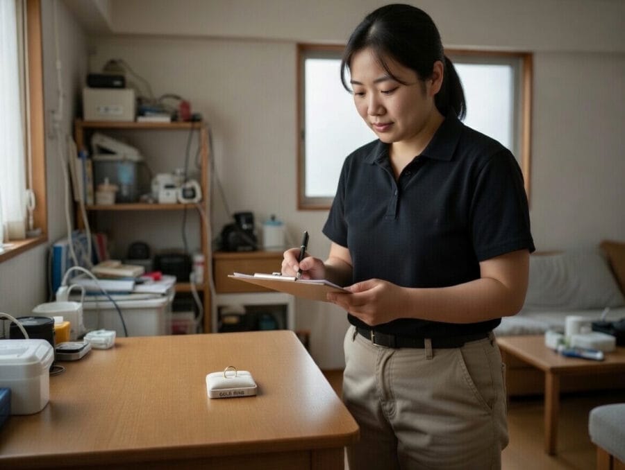 {商品名}を出張査定しているスタッフ