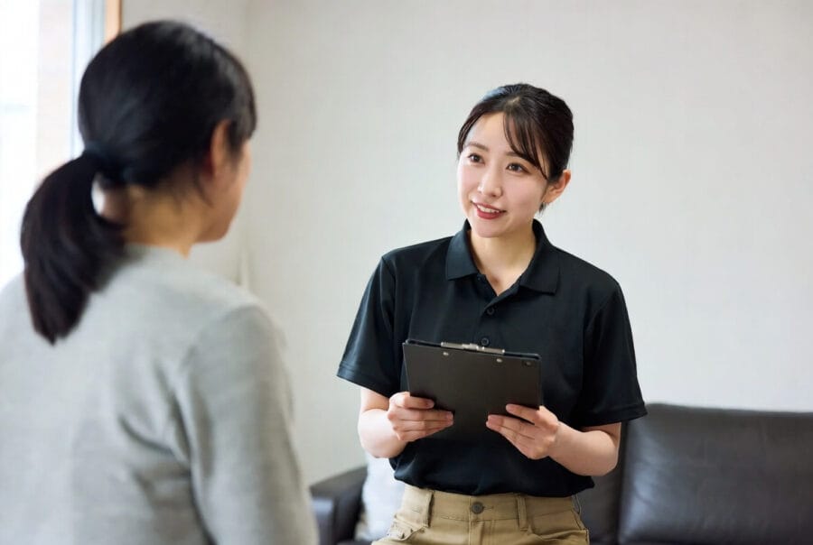 家具買取回収サービスについてスタッフが丁寧に説明する様子