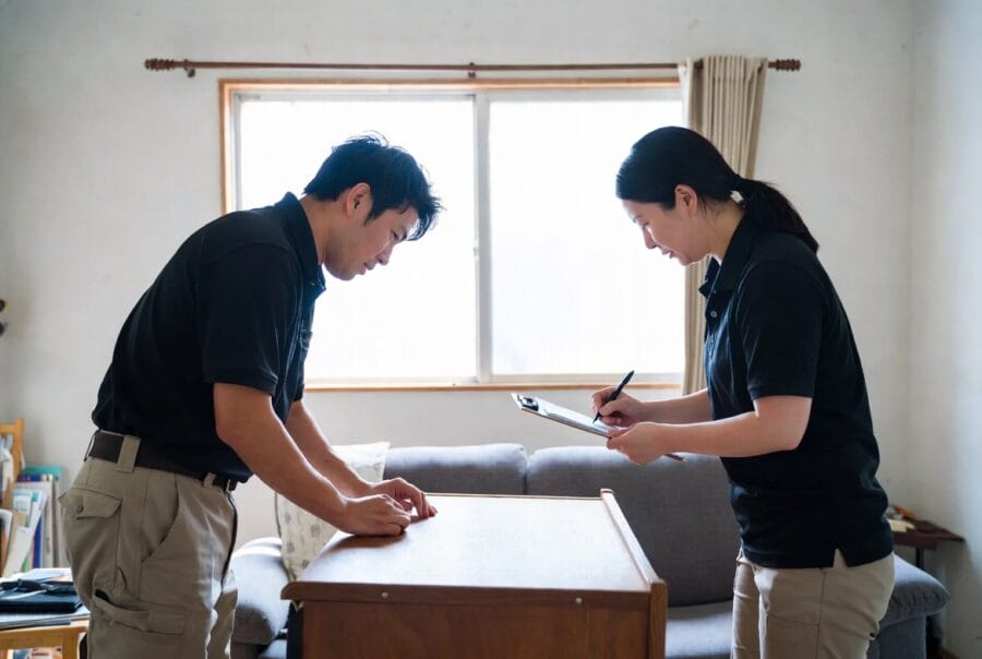 家具買取回収の流れを説明する出張査定と搬出作業のイメージ
